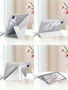 1个透明亚克力Y型折叠白色扁平保护壳，兼容iPad Mini 6/Mini 7/10.2/10.5/Air 4/Air 5/10.9/Pro 11/第十代/12.9/Air 11英寸(M2)-2024/Air 13英寸(M2)-2024/Pro 11英寸(M4)-2024/Pro 13英寸(M4)-2024/Air 13(M3 2025)/Air 11英寸(M3) 2025/(A16) 11英寸第十一代2025，多折叠可调节支架，内置笔槽，高透明亚克力后盖，防摔，支持睡眠/唤醒功能，简约/经典/休闲风格保护壳，产品不含笔，部分型号配有镜头框 - 白色 - 查看 3