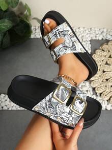 女士夏季平底厚底沙滩凉鞋，露趾透气防滑 - 黑色 - 查看 5