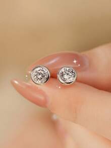 1 Đôi bông tai đính đá Moissanite tròn, quà tặng trang sức cao cấp dành cho nữ, quà tặng trang sức chất lượng cao bằng bạc sterling 925. - Bông tai tròn - Xem 1