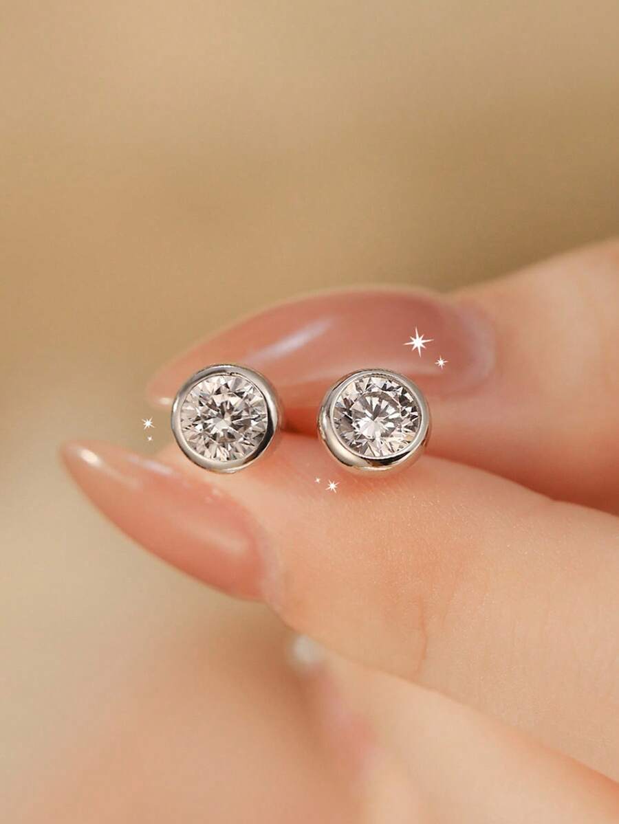 1 Đôi bông tai đính đá Moissanite tròn, quà tặng trang sức cao cấp dành cho nữ, quà tặng trang sức chất lượng cao bằng bạc sterling 925. - Bông tai tròn - Xem 1
