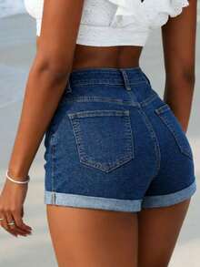 Shorts vaqueros de mujer ajustados y rectos con efecto desgastado y elástico, para el verano - Azul lavado oscuro - Ver 3