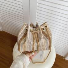 Woven Texture Fashion New One Shoulder Diagonal Handbag, Tote Bag For Work Commute, Drawstring Bucket Bag With Simple Stylish Metal Chain Shoulder Strap - Multicolor - View 5