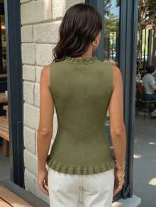 新款夏季女士绿色针织上衣，领口和下摆饰有荷叶边；修身无袖背心，非常适合日常通勤、休闲外出、约会、海滩度假和假日旅行。 - 墨綠色 - 查看 5