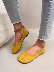 1 Đôi giày bệt đế mềm thoải mái mới, giày da lộn tối giản cổ thấp cho bé gái tuổi teen, giày cổ thấp màu vàng tươi tắn - gừng - Xem 5