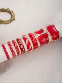 一款欧美风格的INS几何图案宽版红色珐琅开口弹力手链，用途广泛，适合日常佩戴、聚会和度假。 - 紅色 - 查看 1