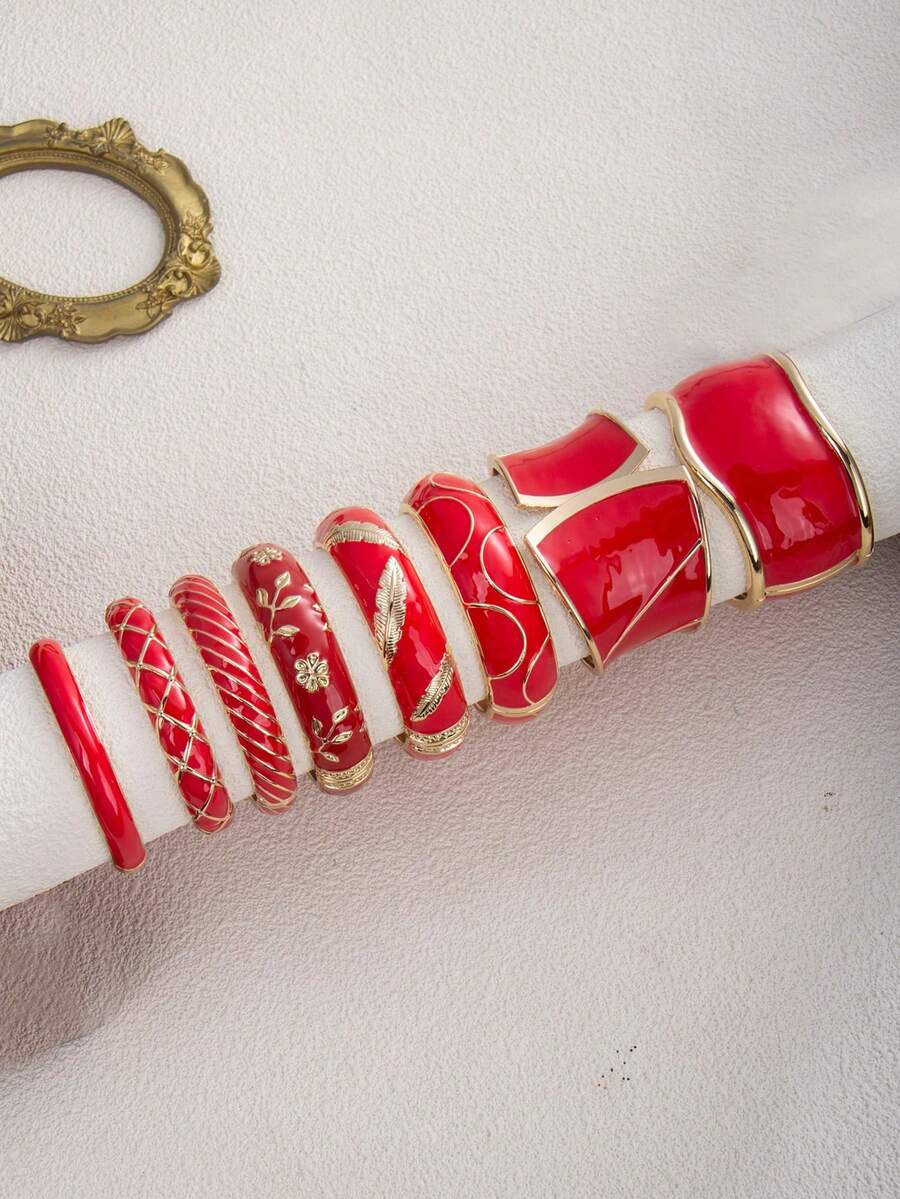 一款欧美风格的INS几何图案宽版红色珐琅开口弹力手链，用途广泛，适合日常佩戴、聚会和度假。 - 紅色 - 查看 1