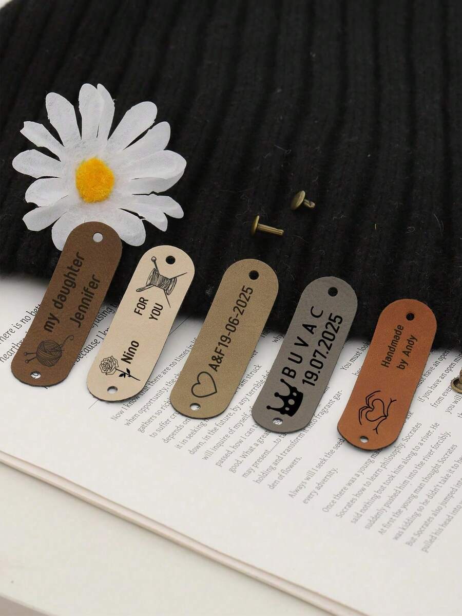 Customized Knitted Leather Label Rivet Fastened, Customizable With Name And Heart/Floral Patterns, Available In Decorative Hang Tags, Rivet-Fixed Labels, Handmade Accessories, Creative Essentials. - Multicolor - View 1