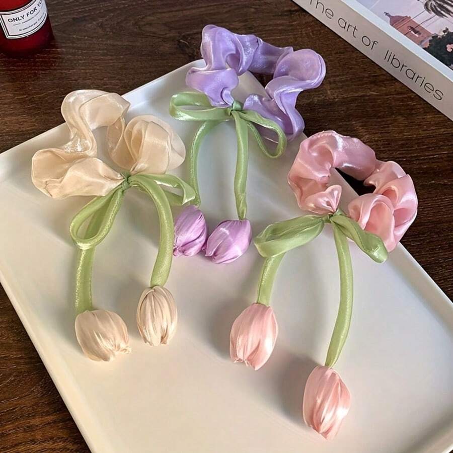 2/3/5pcs Satin Tulip Decorative Ribbons - Multipurpose Floral Accessory For Hair Clips, Curtain Ties, Gift Wrapping, Bouquet Binding, And DIY Crafts, Ideal For Spring, Mother's Day And Holiday Gifts