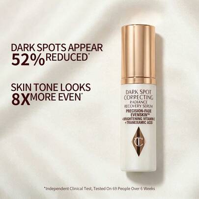  Charlotte Tilbury 焕采修护淡斑精华液，蕴含氨甲环酸和维生素C，有效提亮眼周肌肤，淡化泛红，改善肤色不均，减少肌肤老化迹象。