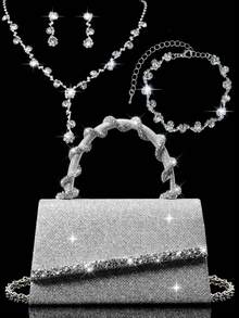 Bolsa de mão mini quadrada de luxo com lantejoulas brilhantes, bolsa de ombro feminina moderna com corrente e decoração de strass, conjunto perfeito para combinar com colar, brincos e pulseira de strass, ideal para festas, banquetes e encontros. - Prata - Ver 12