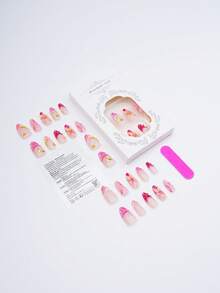 30片夏季海滩风杏仁形假指甲，粉色花朵、海星和贝壳图案，一次性美甲贴纸，适合女士和女孩度假使用 - 玫紅色 - 查看 4