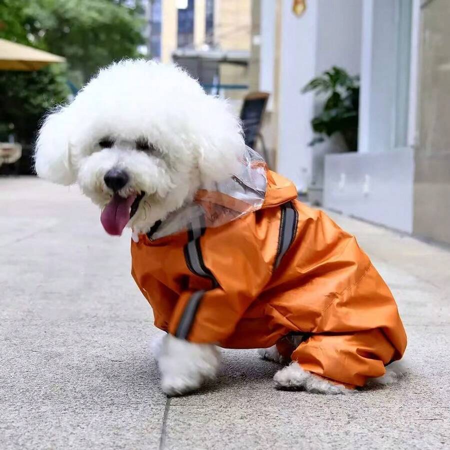 Dog Raincoat Waterproof With Hood | Reflective Stripes Pet Rain Jacket For Small Medium Dogs | Windproof & Anti-Fog Puppy Poncho Orange - Orange - View 1