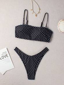 夏季可爱波点印花休闲度假沙滩吊带比基尼套装 - 黑與白 - 查看 1