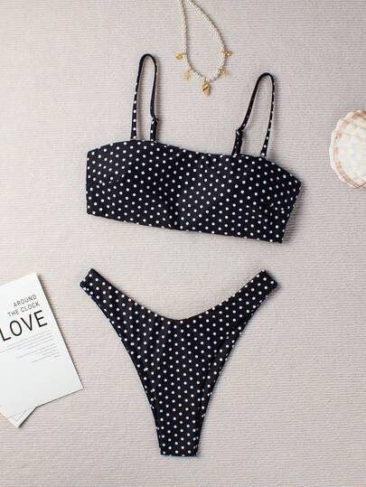 夏季可爱波点印花休闲度假沙滩吊带比基尼套装