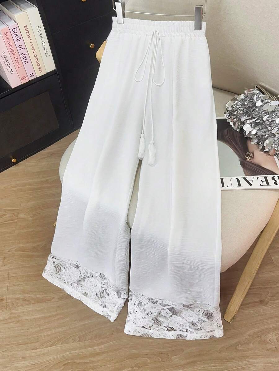 女士优雅蕾丝直筒裤，蕾丝裤脚设计，高端休闲裤，流苏松紧腰带，适合通勤和日常穿着。 - 白色 - 查看 1