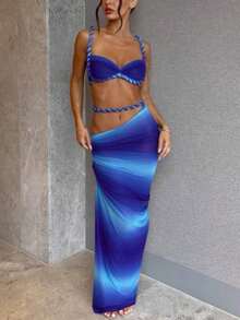 Conjunto de camiseta sin espalda sexy y falda larga plisada para mujer, atuendo de vacaciones de verano - Azul - Ver 3