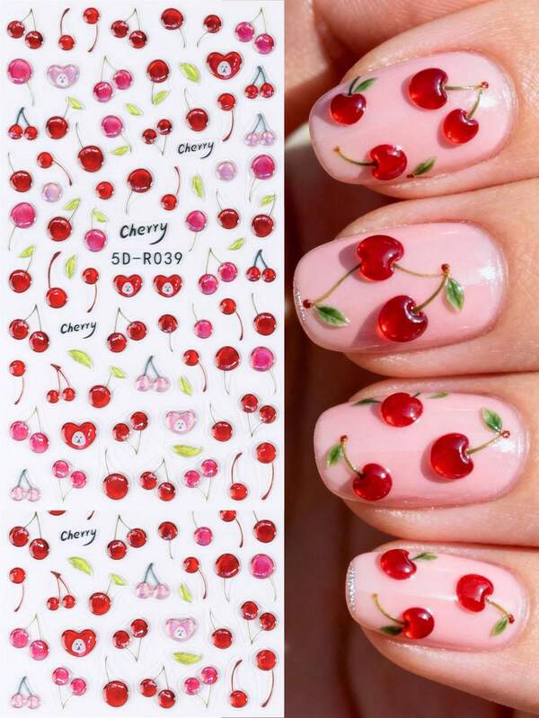 2 pièces Autocollants pour ongles en relief 5D stéréoscopiques rouges et roses, décorations d'art pour ongles avec fruits de cerise japonais mignons, autocollants adhésifs pour salon de manucure DIY pour femmes et filles