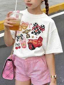 Disney Cars: Lightning McQueen And Mickey Head Elements T-Shirt, Love Biscuits, Trophy, Sweet Cool Retro, Girl's Sensation And Racing Elements Collision Print Pattern Summer Tops,Short-Sleeved Casual And Cute Style  Children's Clothing Design, Girl Clothes For Kids ,Ropa Para Niños,Girl Clothes For Kids,Graphic Tee, Summer Clothes,Perfect For Cool Girls. Comfortable And Breathable Children's Short-Sleeved T-Shirt. Comfortable And Casual Wear All Year Round 180g Pure Cotton Children's Clothes,Comfortable & Lightweight, Iconic Print For Mix-And-Match Outfits,Suitable For Both Boys And Girls. - White - View 2