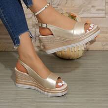 Giày sandal cao gót đế xuồng, quai ngang mắt cá chân, hở mũi, họa tiết dệt dành cho nữ, thích hợp cho mùa hè. - Vàng - Xem 6