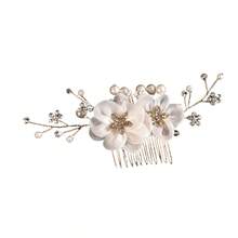 1pc Handmade Ceramic Flower & Leaf Faux Pearl Beaded Elegant Hair Comb, Suitable For Wedding, Daily Wear, Vacation - Gold - View 4