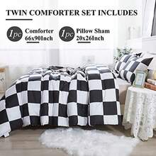 Checkered Comforter Twin 66x90Inch Black White Plaid Gingham Bed Set for Teen Boys Lightweight Microfiber Geometric Preppy Bedding 2 Pieces - 01 Cuadros Blanco y Negro - Ver 4