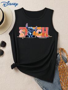Disney 1件女士拼接印花吊带背心，时尚女士背心，圆领弹力面料，适合日常穿着，易护理面料，休闲女士背心 - 黑色 - 查看 1