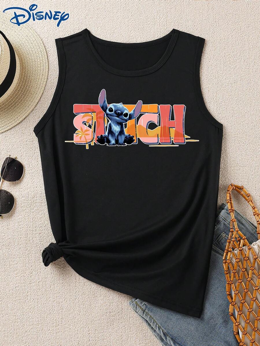 Disney 1件女士拼接印花吊带背心，时尚女士背心，圆领弹力面料，适合日常穿着，易护理面料，休闲女士背心 - 黑色 - 查看 1