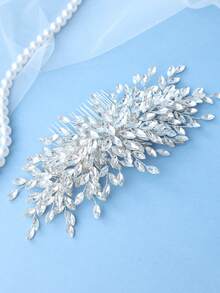 1pc Elegant Silver Crystal Leaf Handmade Bridal Hair Comb, Teardrop Transparent Crystal Bead Decor, Wedding Bride Bridesmaid Party Accessory - Silver - View 4