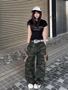 镶钻字母印花圆领修身短袖女式T恤，复古街头风夏季休闲黑色 - 黑色 - 查看 4
