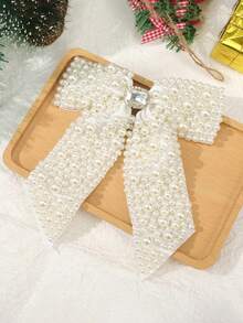 1pc Women's White Fashionable Elegant Faux Pearl Bow Hairclip, Suitable For Daily Wear And Gatherings - White - View 8