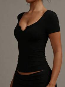 XLLAIS Summer Open Collar Short Sleeve Elastic Fitted Top Casual - Black - View 4