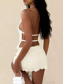 Women Y2k Mini Skirt Sets Backless Tie Up Crop Halter Top And Smocked Lace Mini Skirt 2 Piece Beach Outfit - 杏色 - 查看 2