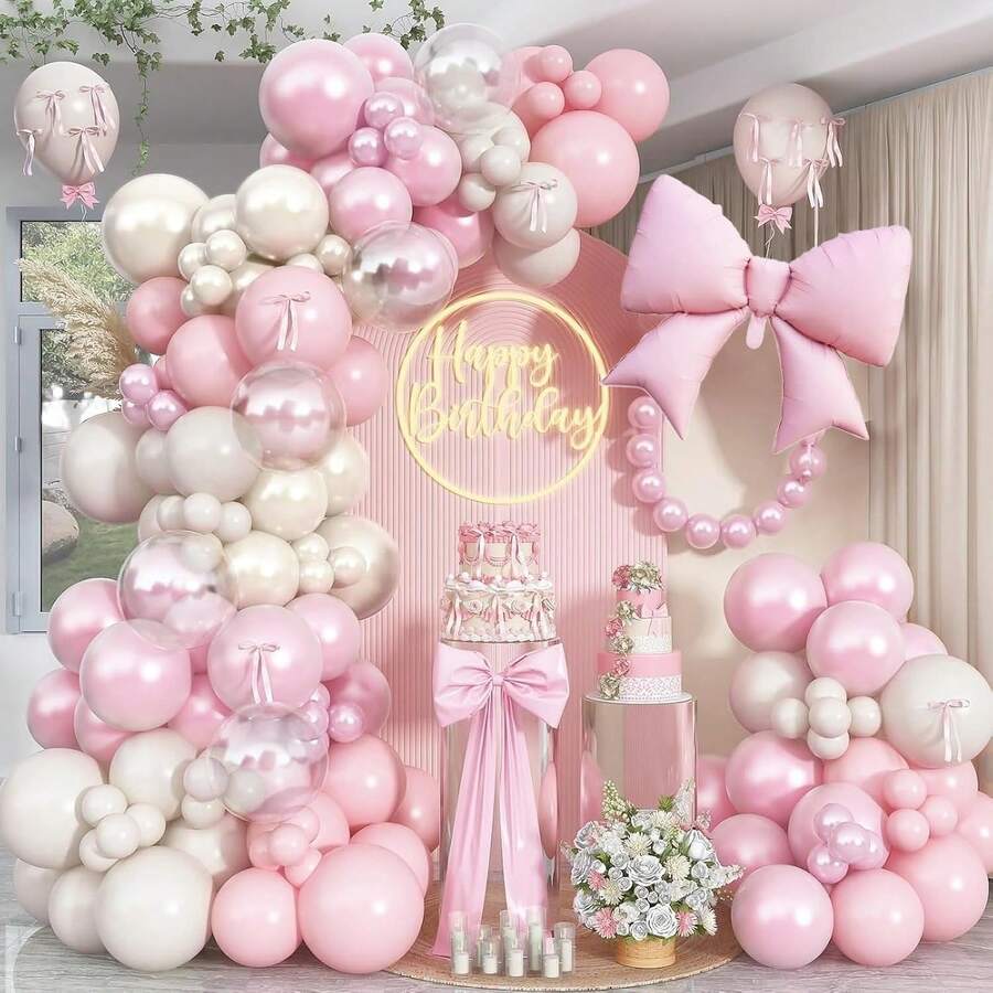 128pcs Pearl White And Pink Balloon Arch Garland Kit, Pearl White Beige With Pink Bow Foil Balloons For Women Wedding Bridal Babyshower Bachelorette Birthday Party Decorations - View 1