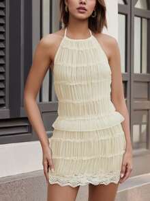 Women Sexy Smocked Two Piece Outfits Y2k Bubble Mini Skirt Set Ruched Halter Tops Sleeveless Backless Camisole Crop Tank Tops And Lace Trim Pleated Ruffle Short Skirts Sets Summer Beach Vacation Party Club Streetwear - Màu be - Xem 4