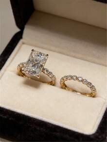 优雅奢华新娘戒指套装，公主切割立方氧化锆叠戴戒指，女士订婚及结婚戒指 - 生日、周年纪念礼物 - 适合情人节、所有季节、派对珠宝 - 金色 - 查看 8