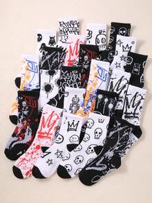 10/12 Pairs Kids Graffiti & Skull Graphic Soft Breathable Sweat-Wicking Streetwear Y2K Style Mid-Calf Crew Socks For Daily/Spring/School - Multicolor - View 1
