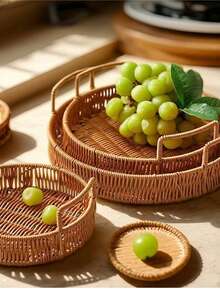 1 pieza Bandeja ovalada tejida a mano de ratán, plato portátil de estilo japonés para postres y frutas, cesta de almacenamiento, adecuada para almacenamiento, decoración, decoración rústica del hogar, maceta, portavelas, accesorios navideños, suministros para fiestas de cumpleaños, regalo de cumpleaños - Marrón moca-con asa - Ver 6