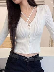 Sexy Pure Desire V-Neck Long Sleeved Knitted Top Slim Fit Short Style Hot Girl Sweater - White - View 2