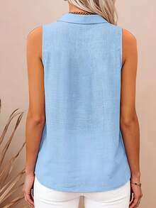 新款夏季无袖浅蓝色衬衫，单排扣翻领百搭通勤衬衫 - 淺藍 - 查看 2