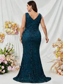 Plus Size Sequin Dress, Deep V-Neck Slit Dress, Mermaid Evening Gown, Slim Fit Formal Party Dress, Elegant Sexy Cocktail Dress Wedding Spring - Blue - View 3