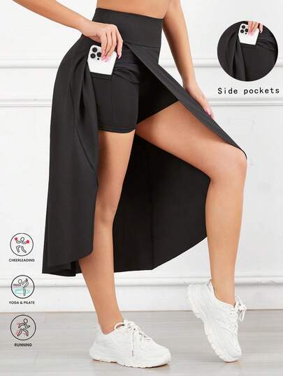 Women's High Waist Slit Pocket Casual Solid Color Skirt, Breathable Fabric, Comfortable & Fashionable, Versatile For Outdoor, Sports, Dance, Autumn/Winter