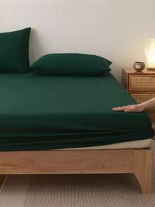 1 Fitted Sheet + 2 Pillowcases 3 PiecesSoft Brushed Bedding Set, Suitable For Bedroom & Guest Room, All Season, Machine Washable, Colors: Olive Green / Blue / Dark Coffee - Dark Green - View 7