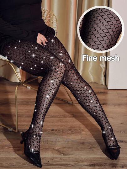 1 Pair Women's Sexy Plaid Silver Fishnet Stockings, High Elastic Waist Sexy Silver Plaid Pantyhose, Reflective Diamond Plaid Black Tights For Plus Size, Open Crotch