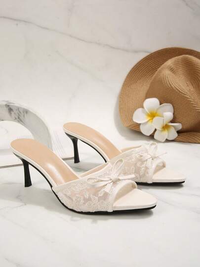 女士尖头优雅高跟鞋，网纱蝴蝶结装饰，纯色西部风格婚礼派对高跟鞋，舒适女士礼服鞋，正式鞋，舞会礼服高跟鞋，优雅女士凉鞋