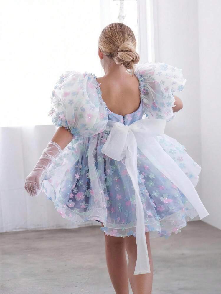 Vestido de fiesta azul con mangas de pétalos florales 3D para niña, vestido de princesa adecuado para niñas, fiesta de cumpleaños, banquete, baile de graduación, vestido de dama de honor, ceremonia de graduación, atuendo de primavera - Celeste - Añade 2