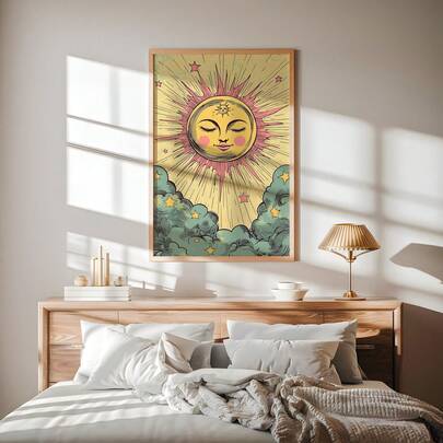 1pc Vintage Sun And Stars Wall Art Picture Retro Tarot Style Celestial Canvas Print Paintings|Cute Dreamy Sunburst And Clouds Decor For Bedroom,Nursery,Dorm,Living Room Or Office Home Decor,Aesthetic Pastel Sun Face Poster,Spiritual Housewarming Gift For Her,Unframed,Wooden Hanger Frame Or Framed