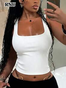 RNU 女士白色方领无袖上衣，性感休闲，通勤百搭，高弹柔软条纹针织面料，适合情人节、返校季、万圣节、节日派对、春、夏、秋、冬四季穿着，新款吊带背心 - 白色 - 查看 2