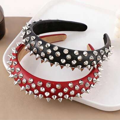 2条装纯色皮革朋克风铆钉发箍，简约设计，高品质时尚发饰，适合甜美酷炫的街头风格女性，发箍，发圈，黑色