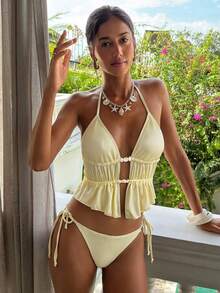 Bộ bikini hai mảnh màu vàng nhạt có gân, kiểu buộc dây hai bên, thích hợp mặc đi biển mùa hè cho nữ. - Màu vàng - Xem 1