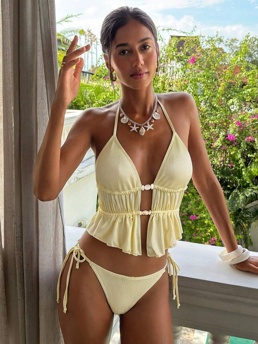 Bộ bikini hai mảnh màu vàng nhạt có gân, kiểu buộc dây hai bên, thích hợp mặc đi biển mùa hè cho nữ. - Màu vàng - Xem 1